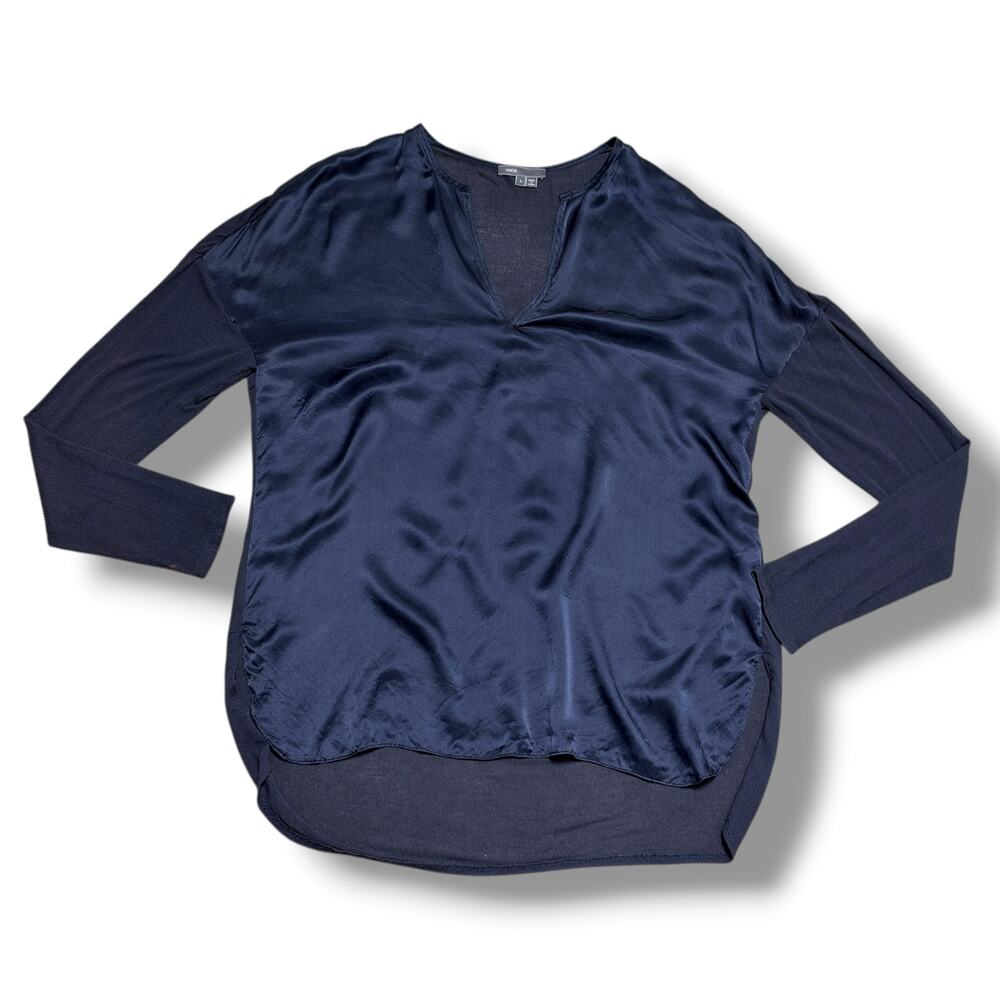 Vince Silk Wool Tunic Top Navy Blue  Sheer Flowy Long Sleeve Sz L